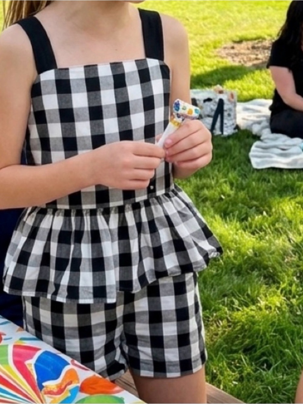 Kate Spade Girls Gingham Romper | Black & White Plaid Size 10
